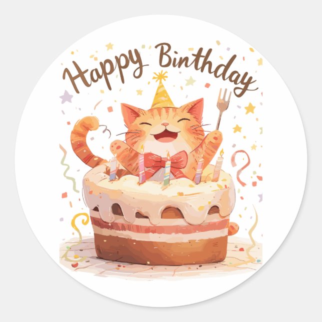 Niedlich Cat Happy Birthday Runder Aufkleber (Vorderseite)