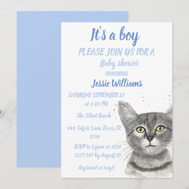 Niedlich Cat Kitty Kitten Blue Baby Junge Dusche I Einladung (Vorne/Hinten)