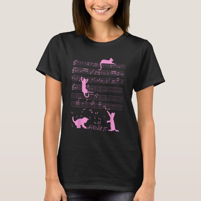 Niedlich Cat Kitty Playing Musiknote Pink Clef Mus T-Shirt (Vorderseite)