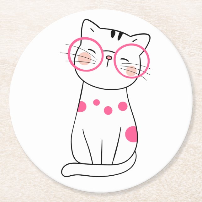 Niedlich Cat Lover Geschenk Pink Brille Kitten Ner Runder Pappuntersetzer (Vorderseite)