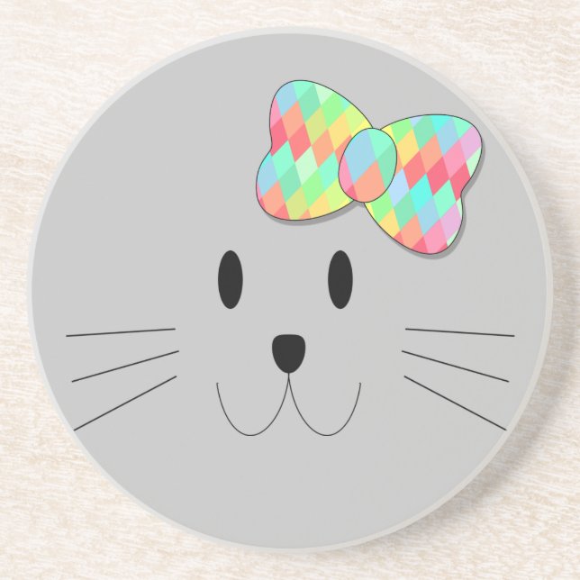 Niedlich Cat Meow Rainbow Bow Grau Glitzer Kitty K Getränkeuntersetzer (Vorne)