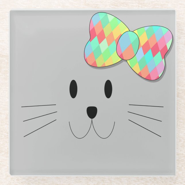 Niedlich Cat Meow Rainbow Bow Grau Glitzer Kitty K Glasuntersetzer (Vorderseite)