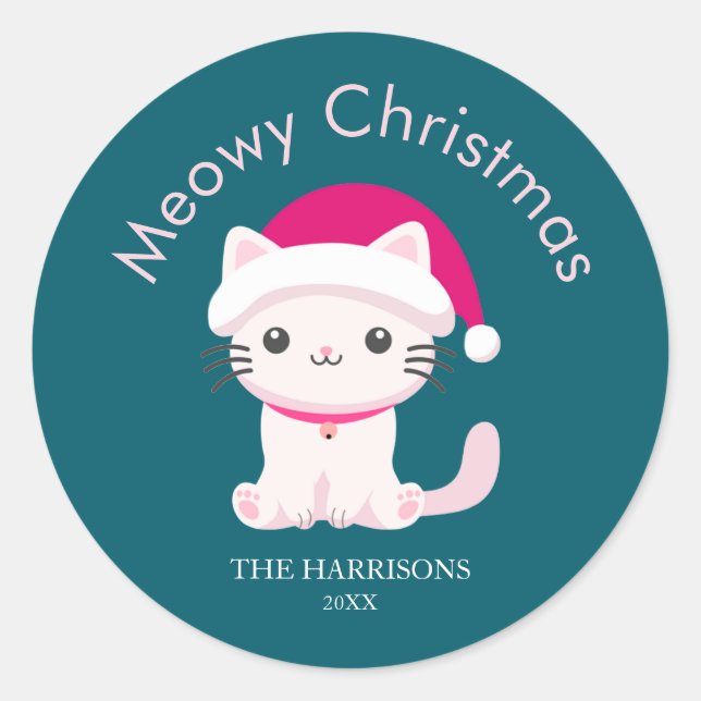 Niedlich Cat Meowy Christmas Green Runder Aufkleber (Vorderseite)