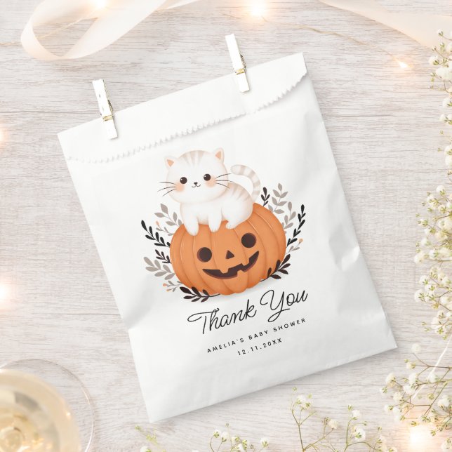 Niedlich Cat On Pumpkin Baby Dusche Vielen Dank Geschenktütchen (Ausgeschnitten)