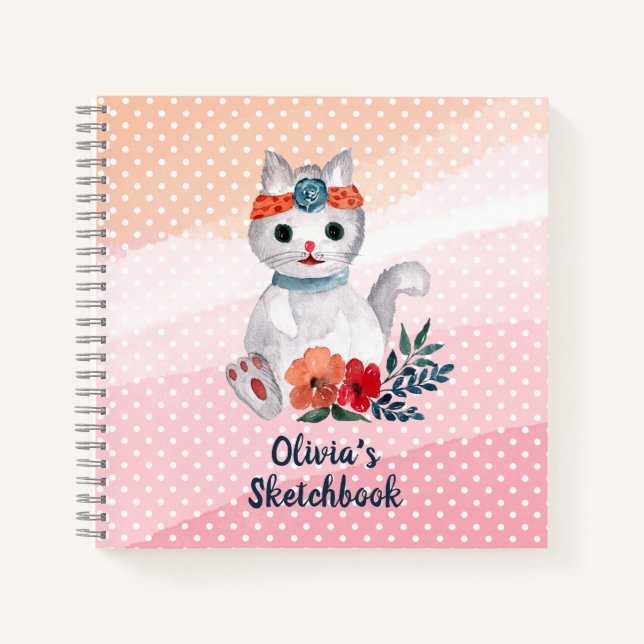 Niedlich Cat Polka Dot Personalisiert Sketchbook Notizbuch (Vorderseite)