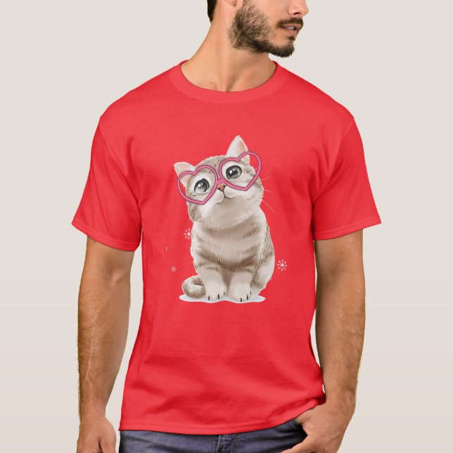 Niedlich Cat Red Glasses Heart Headband Happy Vale T-Shirt (Vorderseite)