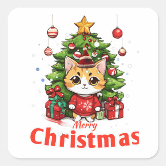 Niedlich Cat sagt frohe Weihnachten Quadratischer Aufkleber