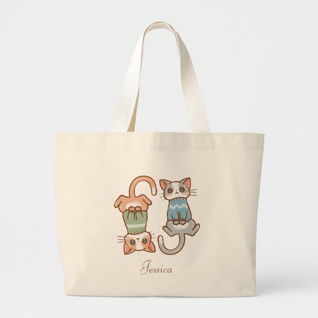 Niedlich Cat Twins Gray und Orange Kitty Kawaii Jumbo Stoffbeutel (Vorne)