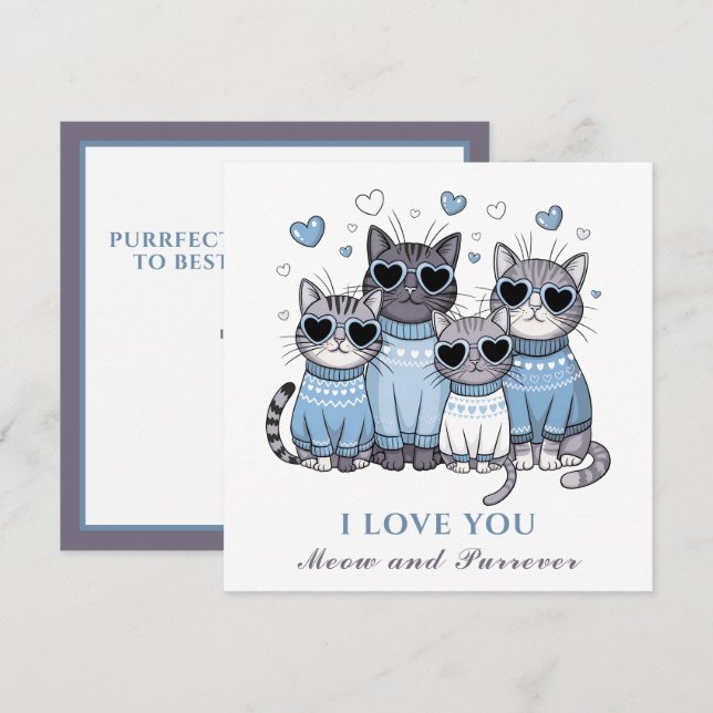 Niedlich Cat Valentine's day Card Cat Vater Blau Karte (Vorne/Hinten)