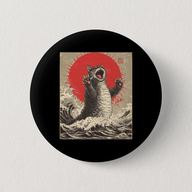 Niedlich Catzilla Cat Japanisch Art Funny Cat Button (Vorderseite)