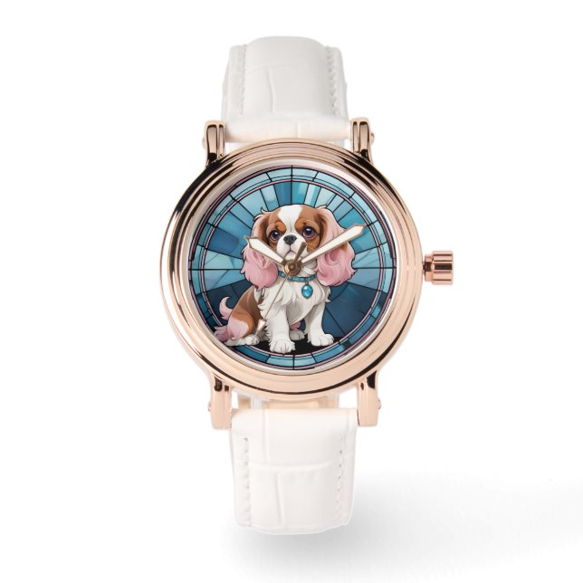 Niedlich Cavalier King Charles Pastel Stettel Glas Armbanduhr (Vorderseite)