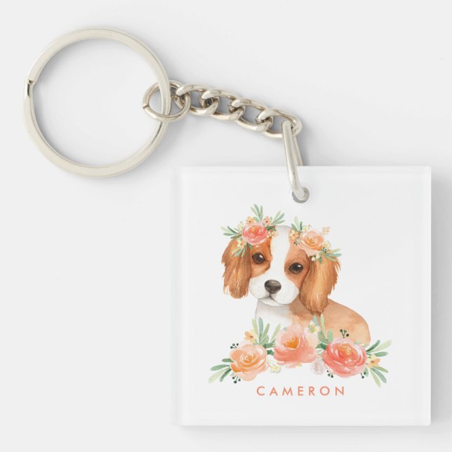 Niedlich Cavalier King Charles Spaniel Orange Blum Schlüsselanhänger (Vorderseite)