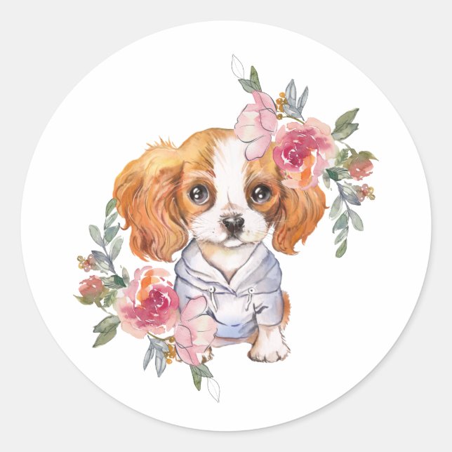 Niedlich Cavalier King Charles Spaniel und Blume Runder Aufkleber (Vorderseite)