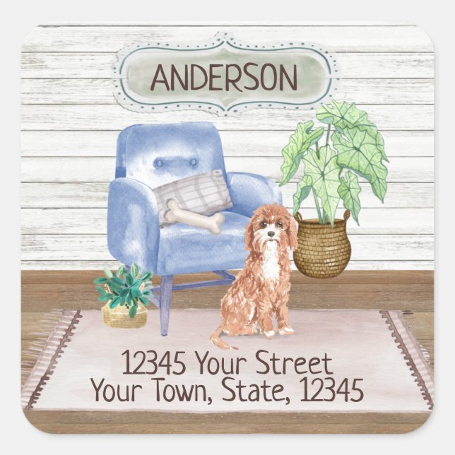Niedlich Cavapoo Cosy New Zuhause Address Quadratischer Aufkleber (Vorderseite)