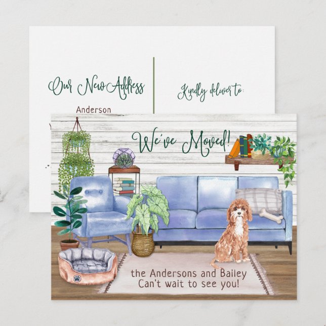 Niedlich Cavapoo Gemütlich Neue Zuhause-Bewegung Ankündigungspostkarte (Vorne/Hinten)