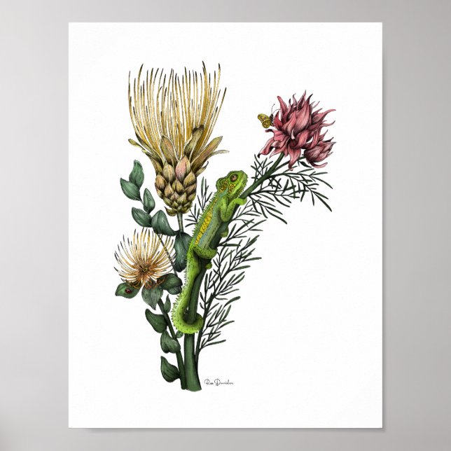 Niedlich Chameleon in Protea Floral Bouquet Botani Poster (Vorne)