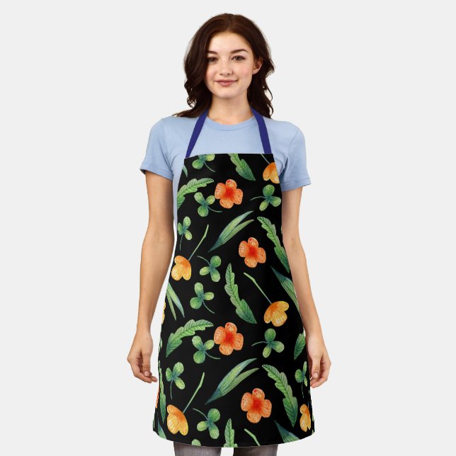 Niedlich & charmante Orange Floral Kitcha Schwarze Schürze (Getragen)
