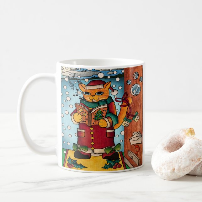 Niedlich Charming Christmas Carol Singer Cat Kaffeetasse (Mit Donut)