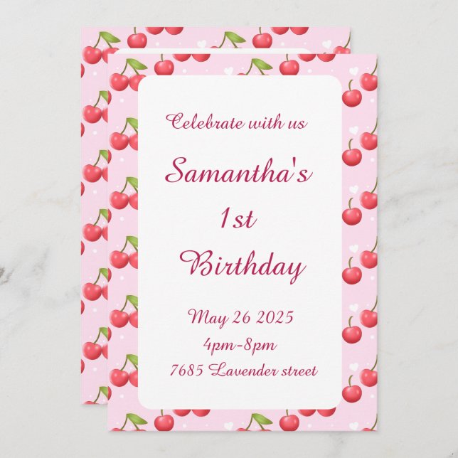 Niedlich Cherry 1. Geburtstag Party Einladung (Vorne/Hinten)