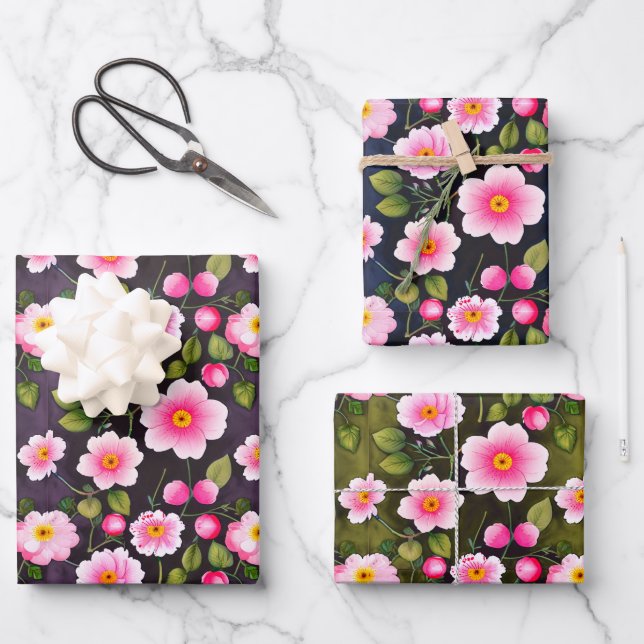 Niedlich Cherry Blume rot, blau, gelb Geschenkpapier Set (Vorderseite)