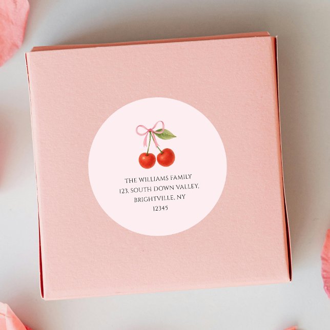 Niedlich Cherry Bow Coquette Rücksendeadresse Runder Aufkleber (Cute Cherry Bow Coquette return address Classic Round Sticker)