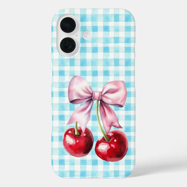 Niedlich Cherry Coquette Bow Blue Gingham iPhone 16 Hülle (Rückseite)