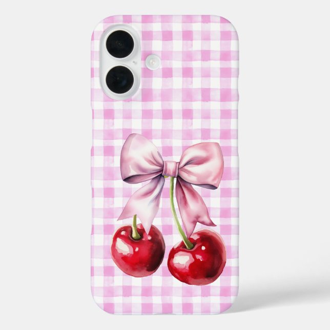 Niedlich Cherry Coquette Bow Pink Gingham iPhone 16 Hülle (Rückseite)
