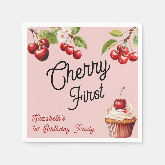 Niedlich Cherry First Girly Birthday Pink Serviette (Vorderseite)
