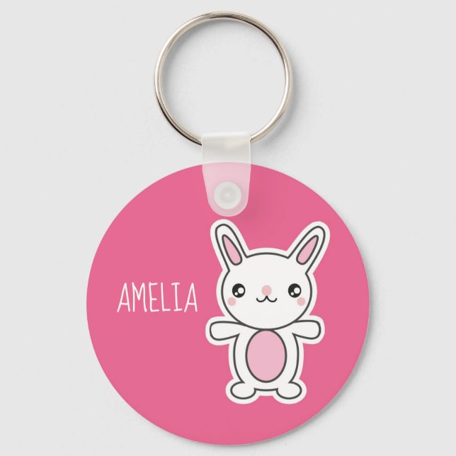 Niedlich Chibi Bunny Pink Personalisiert Schlüsselanhänger (Vorderseite)