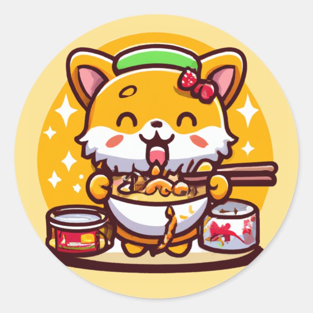 Niedlich Chibi Corgi Eating Ramen Noodles Runder Aufkleber (Vorderseite)
