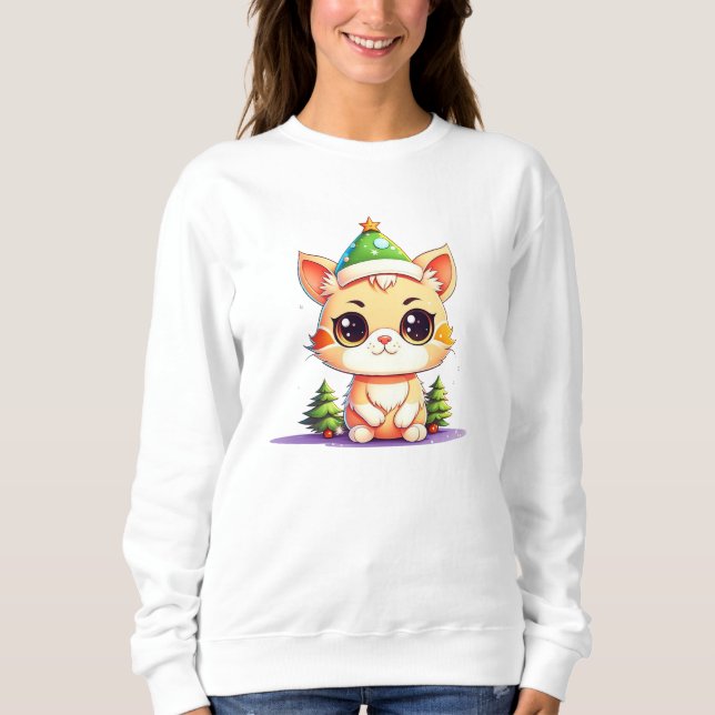 Niedlich Chibi Kawaii Cartoon Weihnachtskatzkatze Sweatshirt (Vorderseite)