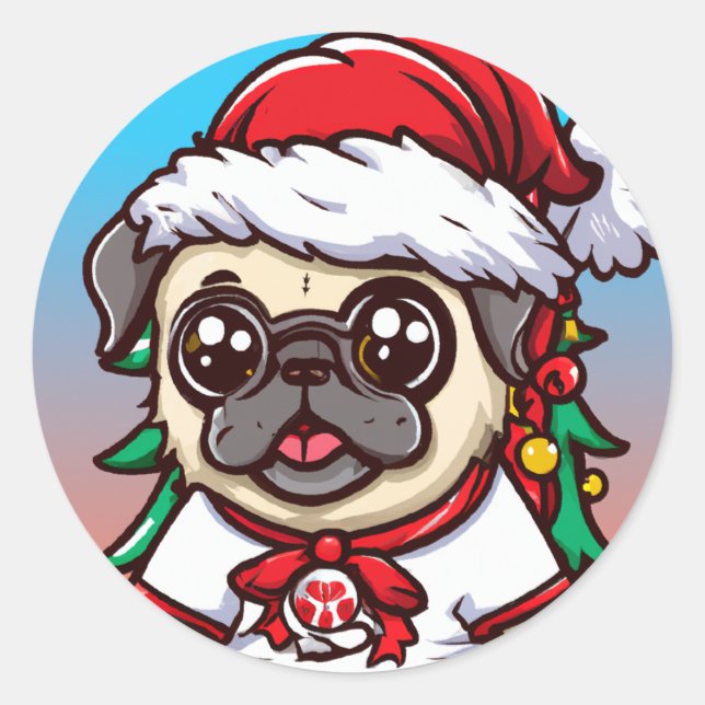 Niedlich Chibi Kawaii Dog Mops Weihnachtssticker Runder Aufkleber (Vorderseite)