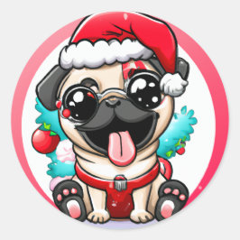 Niedlich Chibi Kawaii Dog Mops Weihnachtssticker Runder Aufkleber