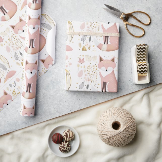Niedlich Chic Boho Pastel Blush Gray Gold Fox Geschenkpapier (Kunsthandwerk)