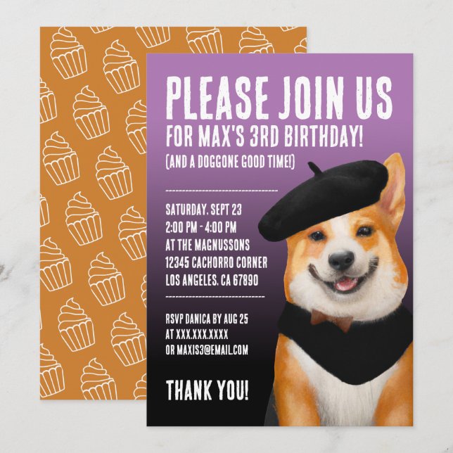 Niedlich Chic Corgi Dog Wearing Beret & Bandana Einladung (Vorne/Hinten)