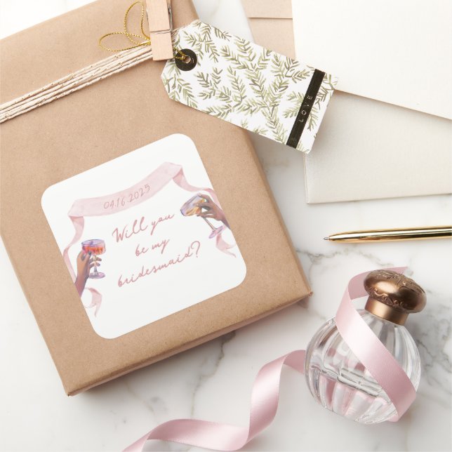Niedlich-Chic Custom Bridesmaid Vorschlag Pink Rib Quadratischer Aufkleber (Schenken)