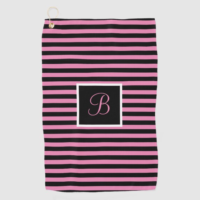 Niedlich Chic Custom Initial rosa und schwarz Stre Golfhandtuch (Vorderseite)