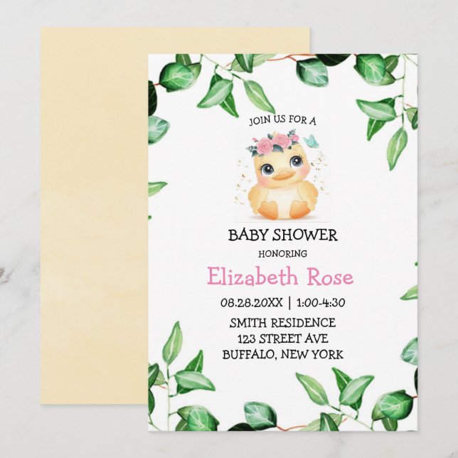 Niedlich Chic Duckling Green Ivy Blätter Kinderdus Einladung (Vorne/Hinten)