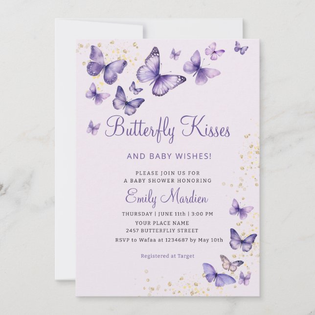 Niedlich Chic Lila Butterfly kisses Girl Baby Show Einladung (Vorderseite)