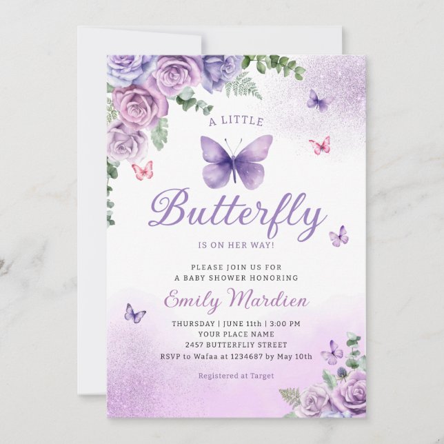 Niedlich Chic Lila Floral Butterfly Girl Babydusch Einladung (Vorderseite)