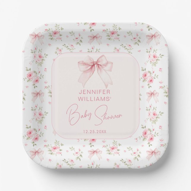 Niedlich Chic Pink Floral Bow Baby Dusche Pappteller (Vorderseite)