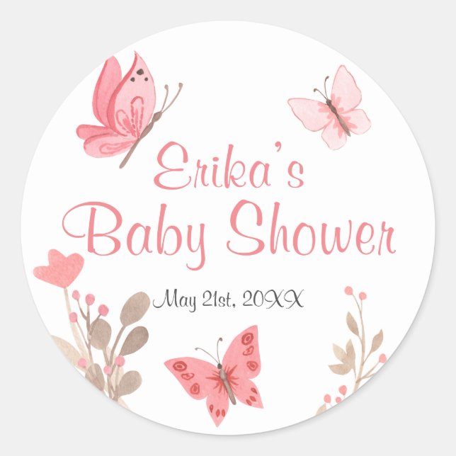 Niedlich Chic Pink Floral Butterflies Babydusche Runder Aufkleber (Vorderseite)