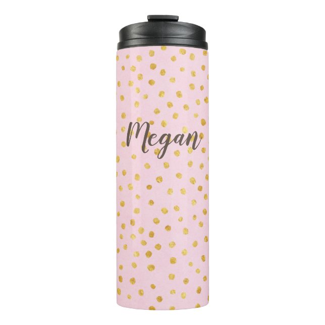 Niedlich Chic Pink Gold Polka Dot Muster Personali Thermosbecher (Vorderseite)