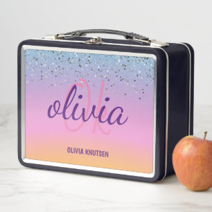 Niedlich Chic Pink Lila Glitzer Personalisiert Mon Metall Brotdose