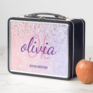 Niedlich Chic Pink Lila Glitzer Personalisiert Mon Metall Brotdose