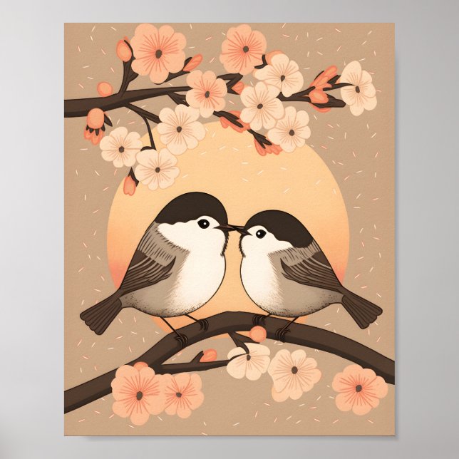 Niedlich Chickadee Couple Kissing Sunset Poster (Vorne)