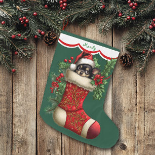 Niedlich Chihuahua Puppy Peeking Großer Weihnachtsstrumpf