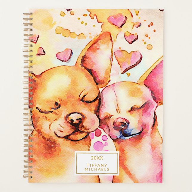 Niedlich Chihuahuas Pink Hearts Watercolor Hunde Planer (Vorderseite)