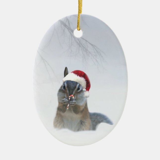 Niedlich Chipmunk Santa mit Candy Cane Keramikornament (Vorne)