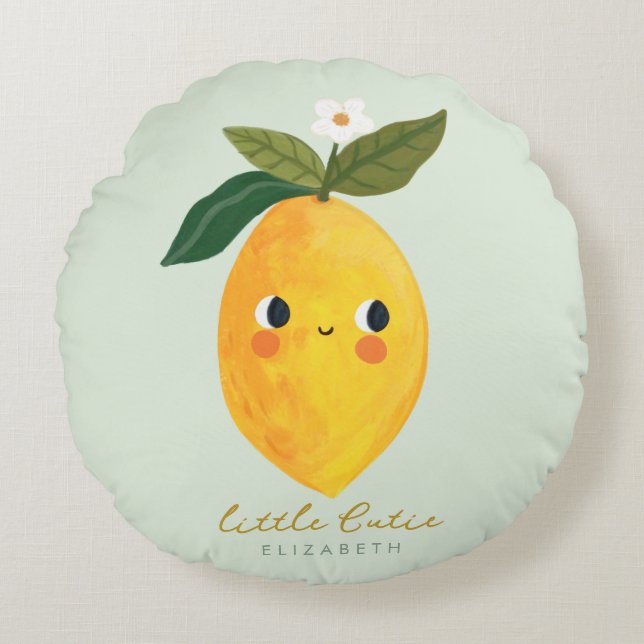 Niedlich Citrus Lemon Blume Grüne Rundes Kissen (Vorderseite)